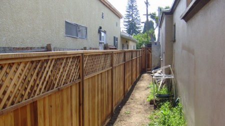 Prefab redwood fence lattice top angle view
